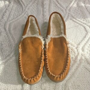 J Crew Suede Moccasin Slippers Hard Bottom Faux Fur Lined‎ Womens 10 Excellent